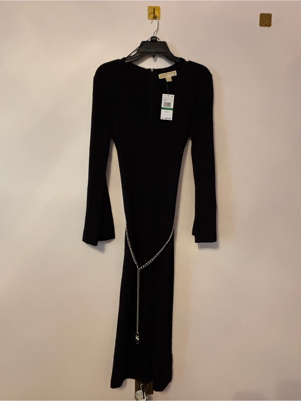 Michael Kors Wool Blend Black Long Sleeve Sweater Dress with Chain Belt Size L